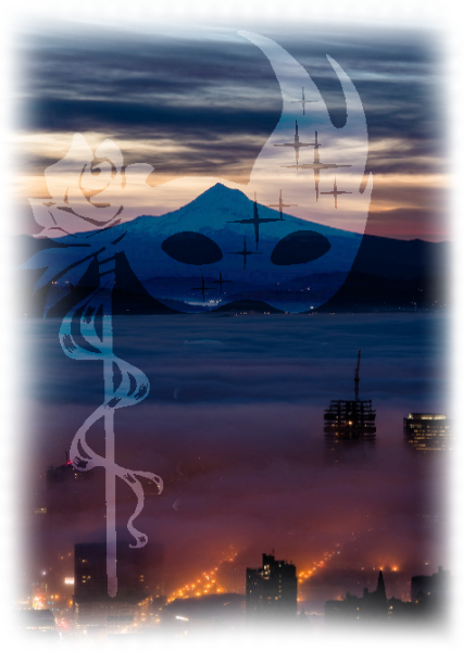 An image of a mask over a sunset picture of Portland.